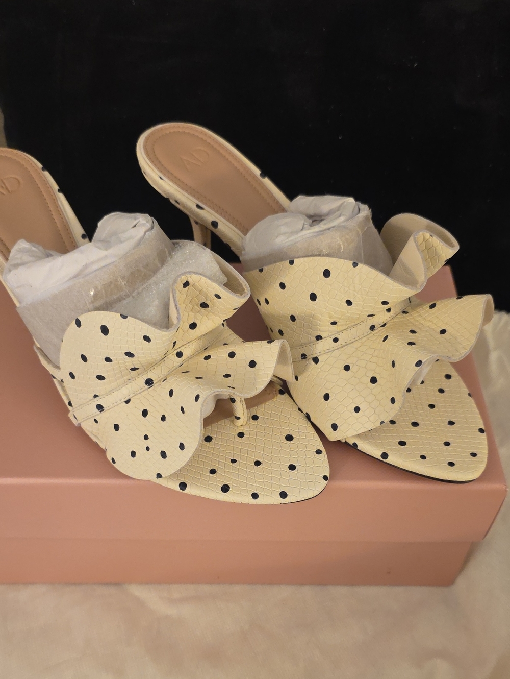 Cream Polka Dot Ruffle Slide Mules - Picture 2 of 7